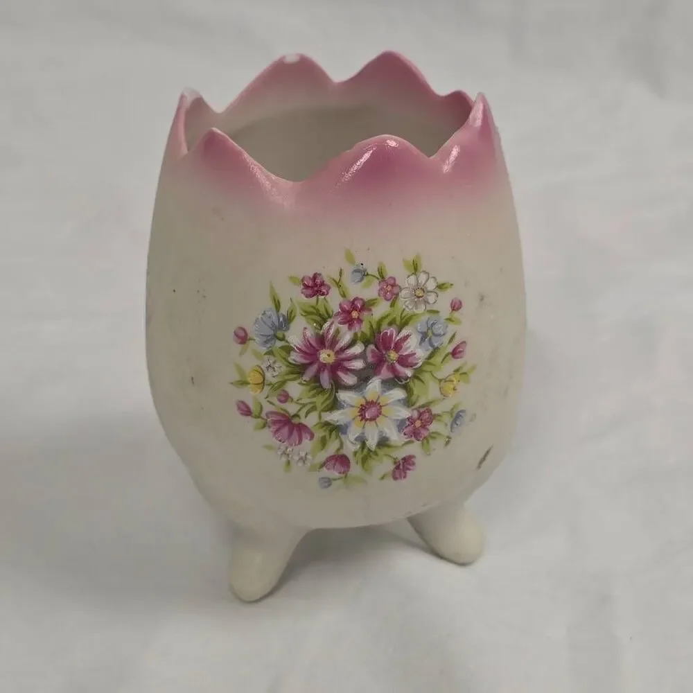 Vintage Pink Floral Egg Vase on Tripod Feet Ceramic